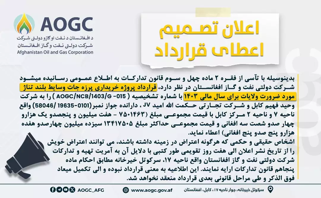 اعلان تصمیم اعطای قرارداد 